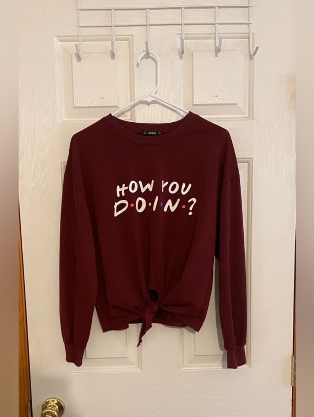 Graphic Tie-Front Sweatshirt – Burgundy "How You Doin?"